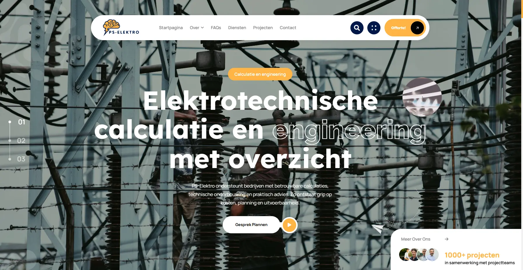 Homepage van de PS-Elektro website, gebouwd door NOVAJO